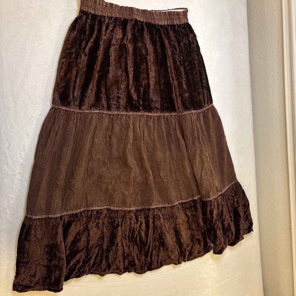 VTG 90s Phool Brown Rayon Velvet Tiered Maxi Skirt India Whimsigoth Medium